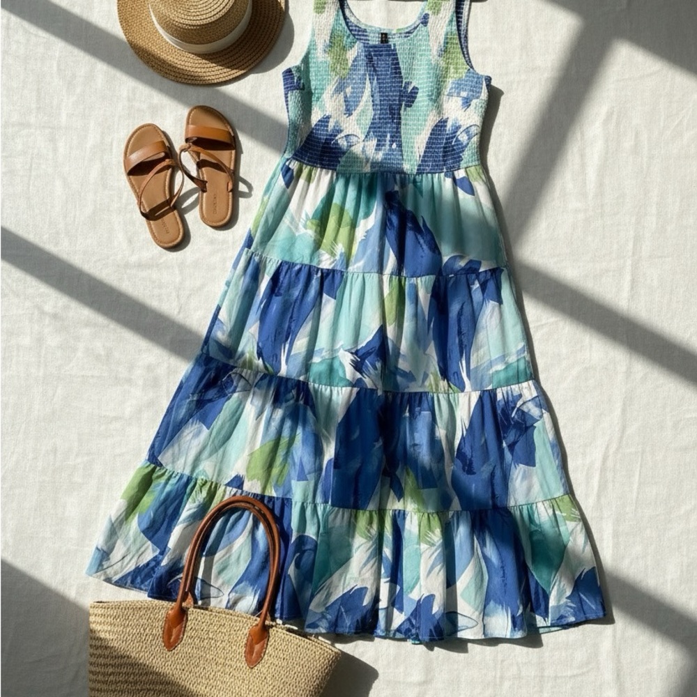 Vibrant Tropical Leaf Print Dress Smocked /Blue and Green/ 💙💚